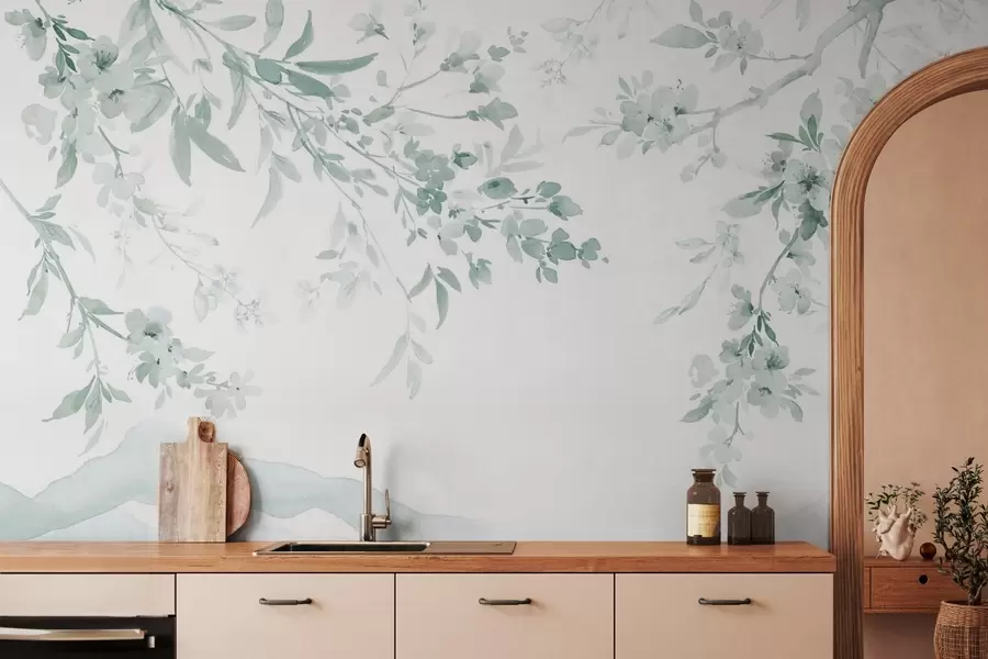 wall murals Flowering branches, imitation of watercolor, green shades w03935v3