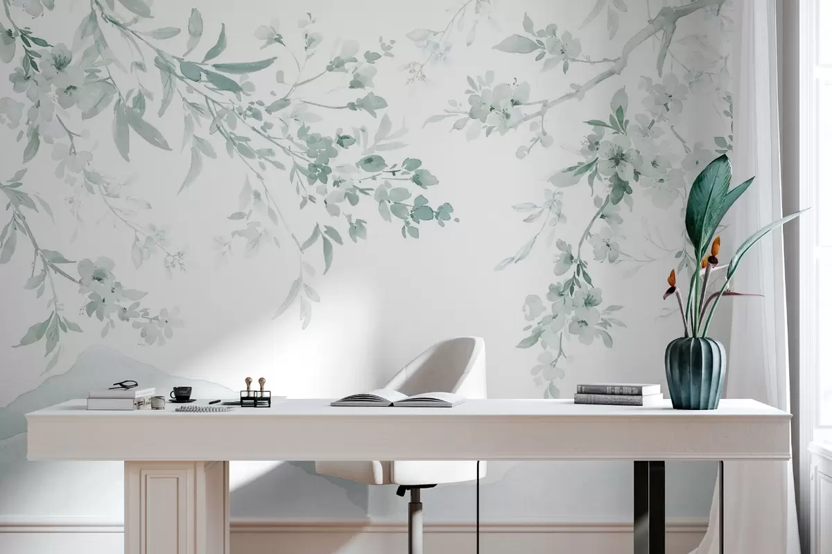 wall murals Flowering branches, imitation of watercolor, green shades w03935v3