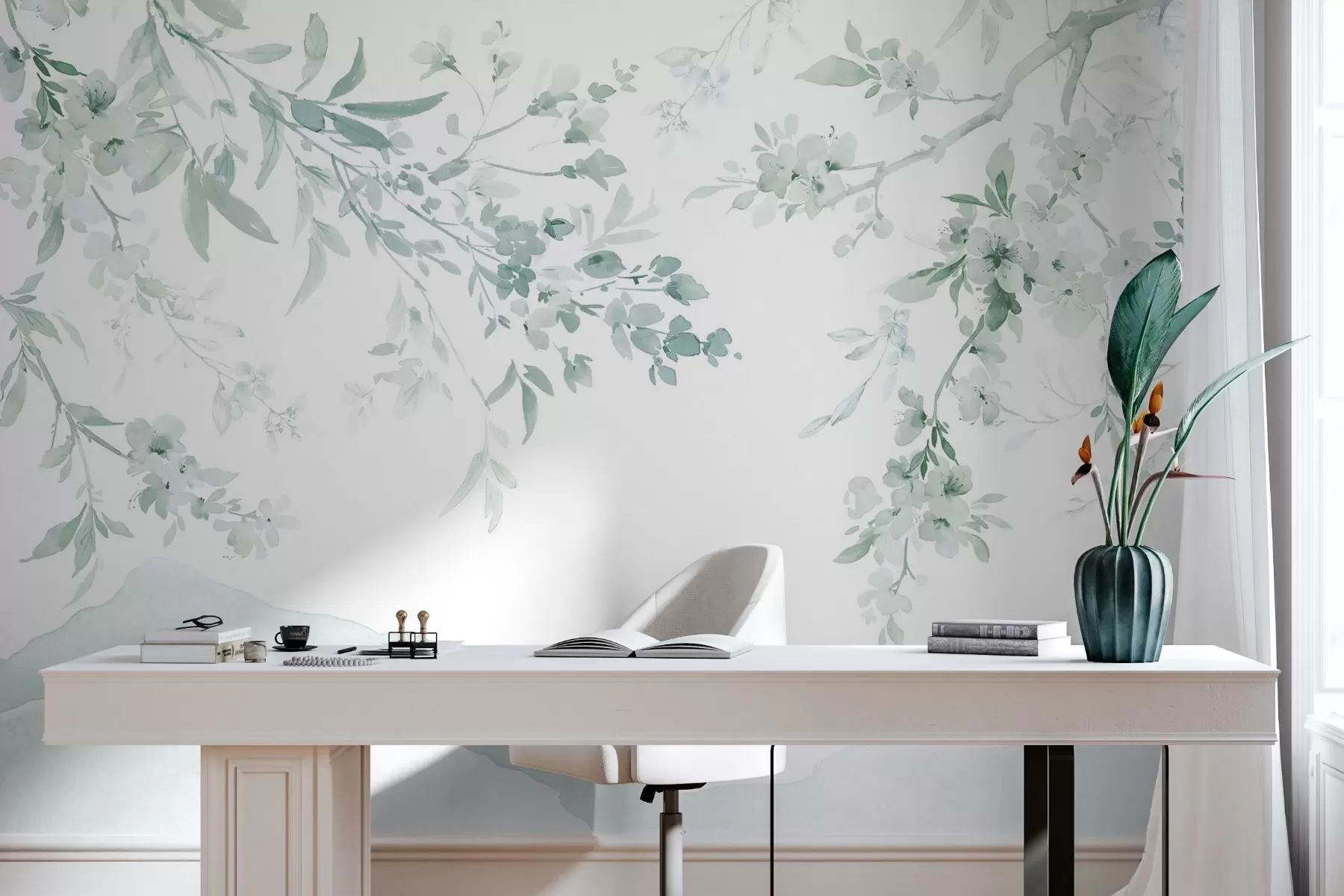 wall murals Flowering branches, imitation of watercolor, green shades w03935v3