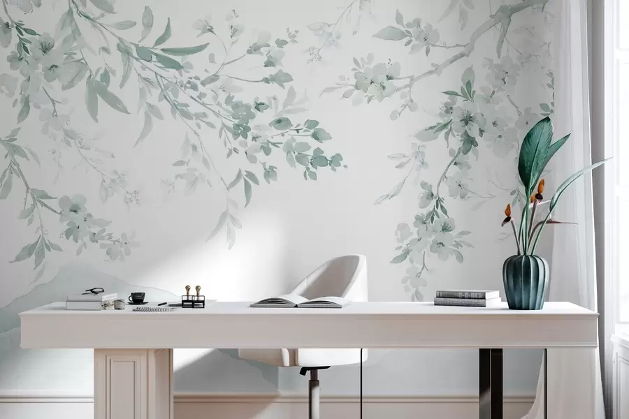 wall murals Flowering branches, imitation of watercolor, green shades w03935v3