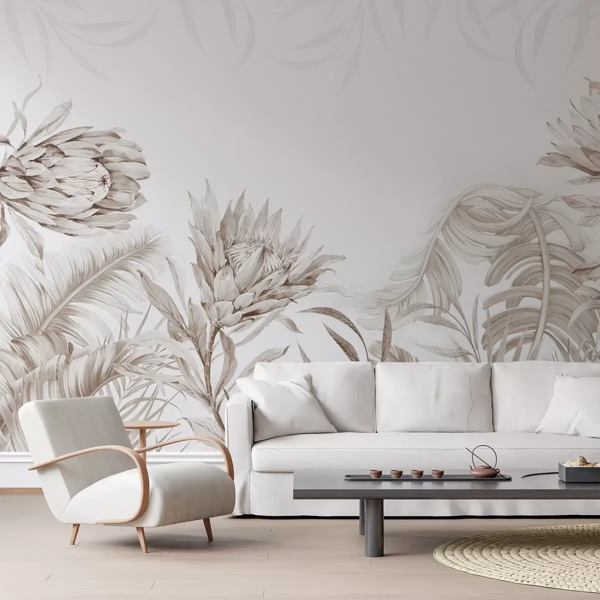 wall murals Protea among tropical leaves, beige shades w03952