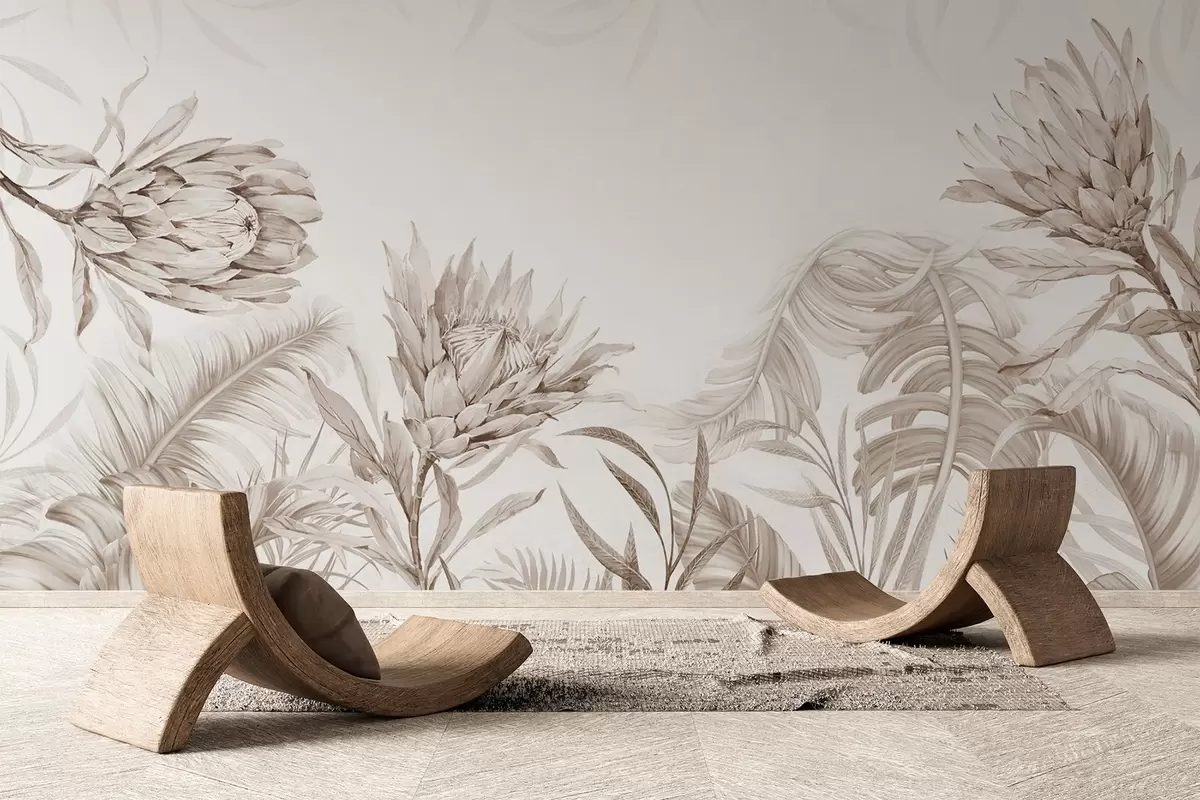 wall murals Protea among tropical leaves, beige shades w03952