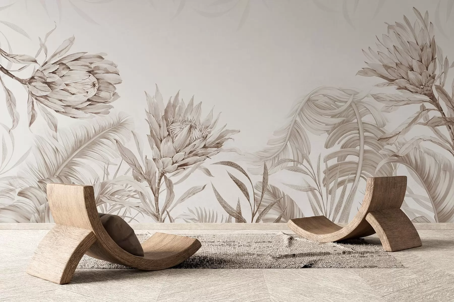 wall murals Protea among tropical leaves, beige shades w03952