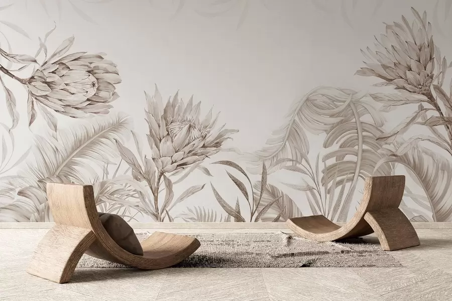 wall murals Protea among tropical leaves, beige shades w03952