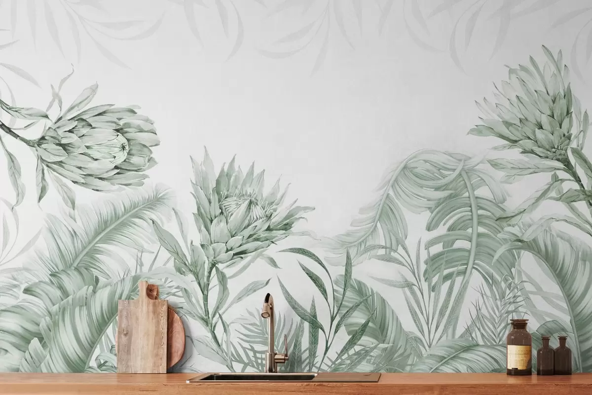 wall murals Protea among tropical leaves, blue shades w03952v3