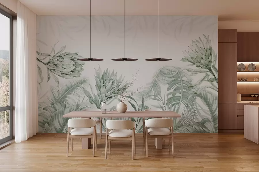 wall murals Protea among tropical leaves, blue shades w03952v3