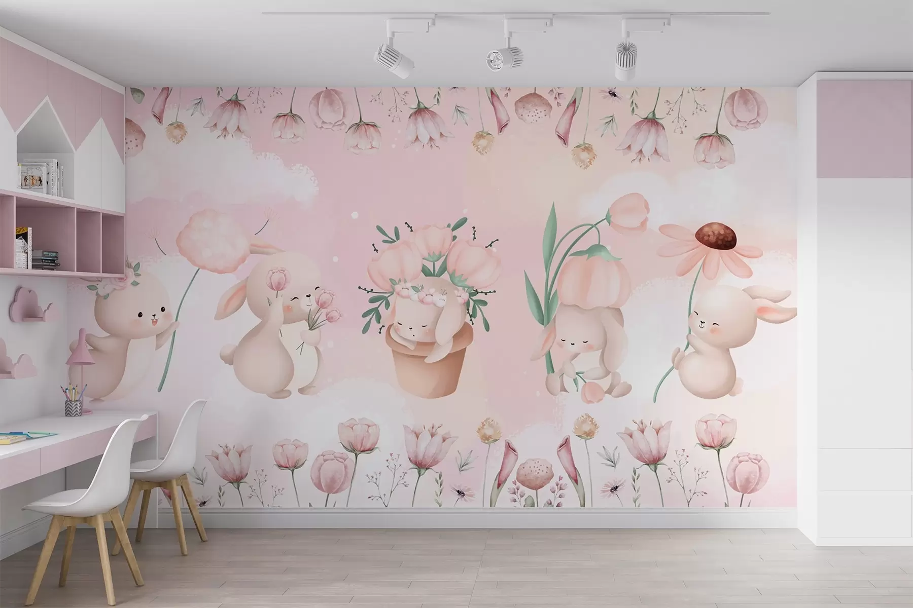 wall murals Bunnies in flowers w04063