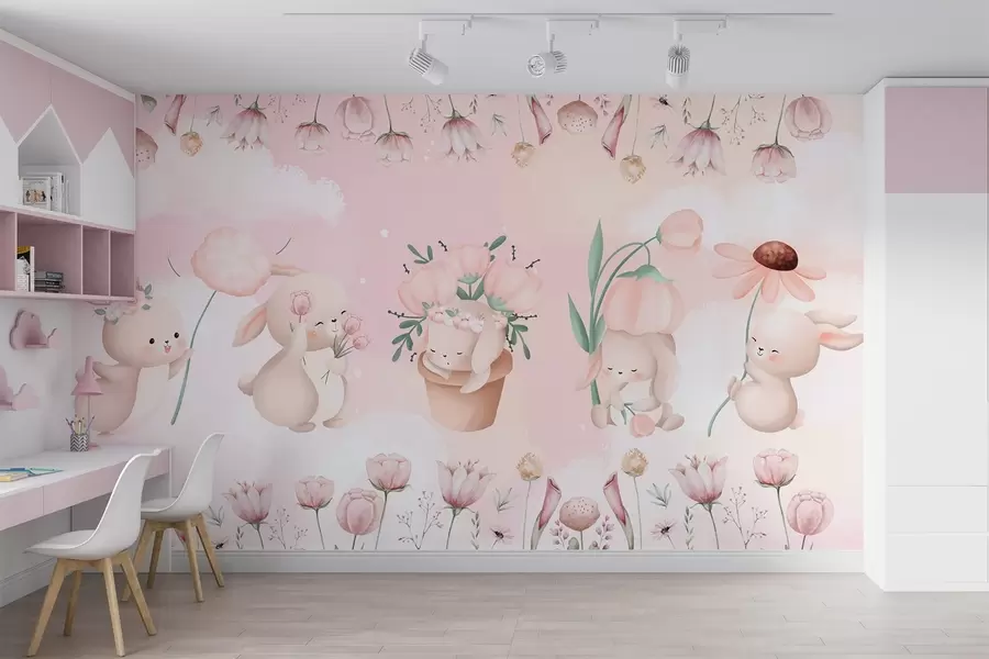 wall murals Bunnies in flowers w04063