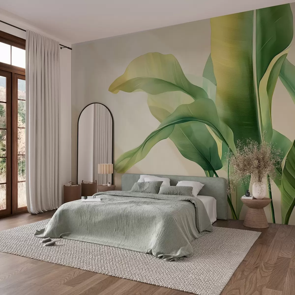 wall murals large green tropical leaves on the side w03959