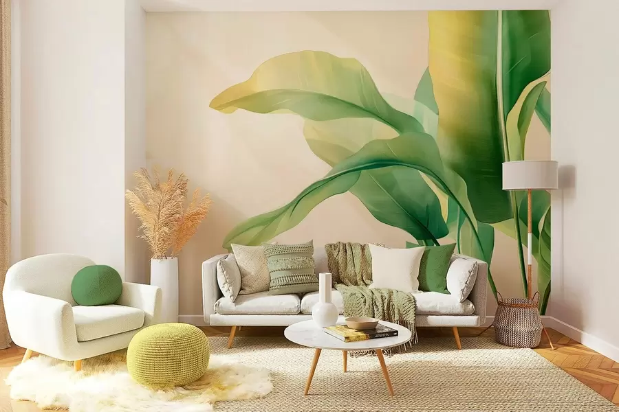 wall murals large green tropical leaves on the side w03959