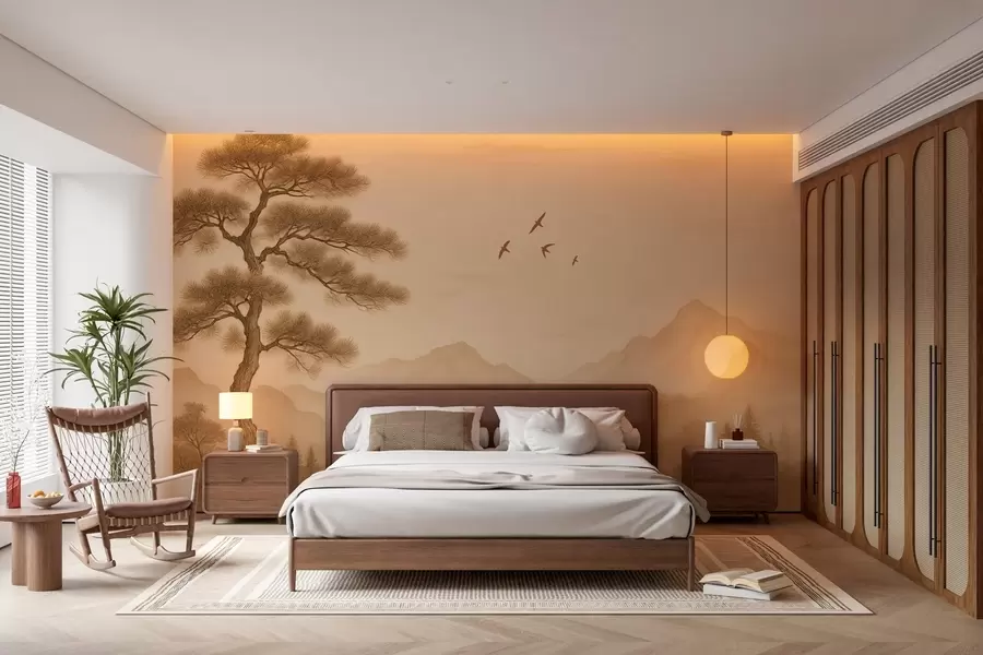 wall murals panorama of the hills with a large tree in sepia style w04033
