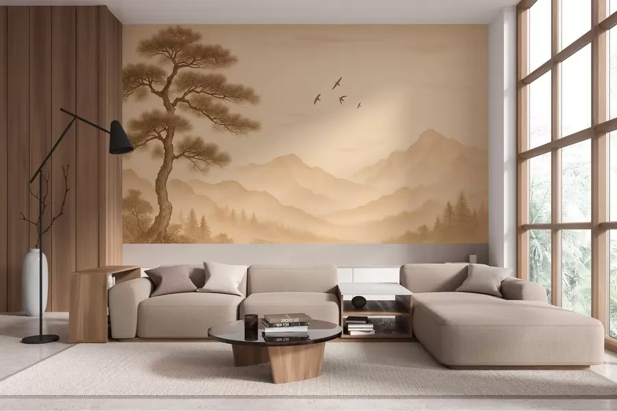 wall murals panorama of the hills with a large tree in sepia style w04033