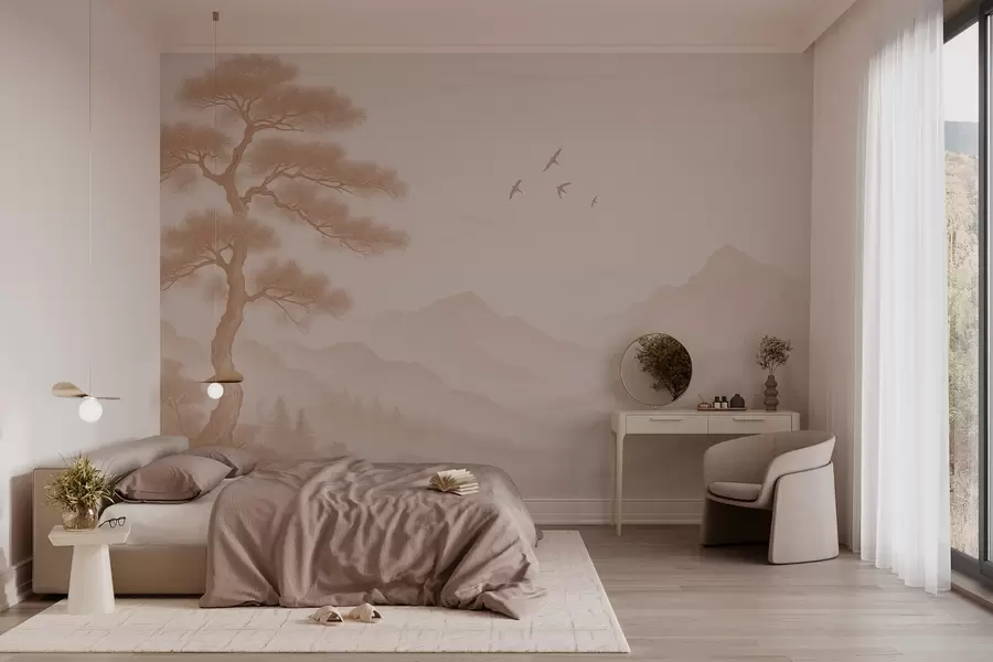 wall murals panorama of hills with a large tree in mocha shades w04033v1