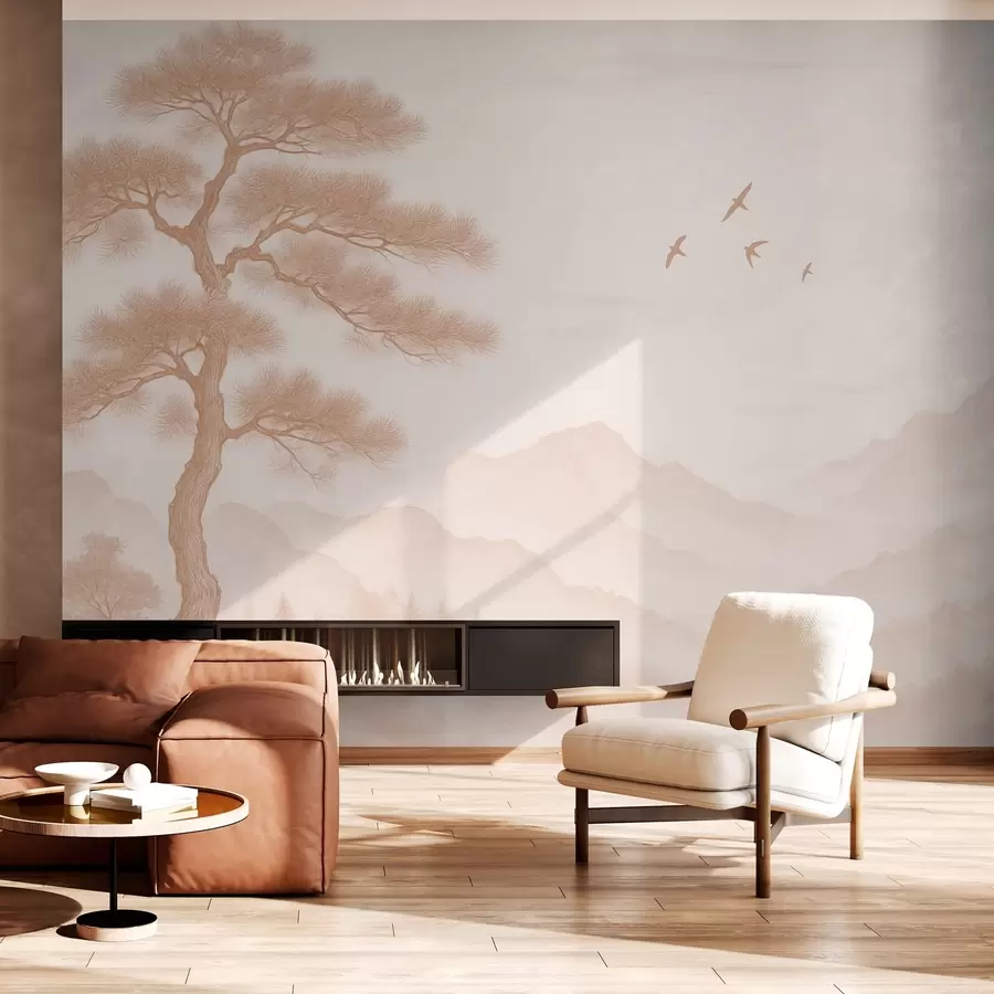 wall murals panorama of hills with a large tree in mocha shades w04033v1