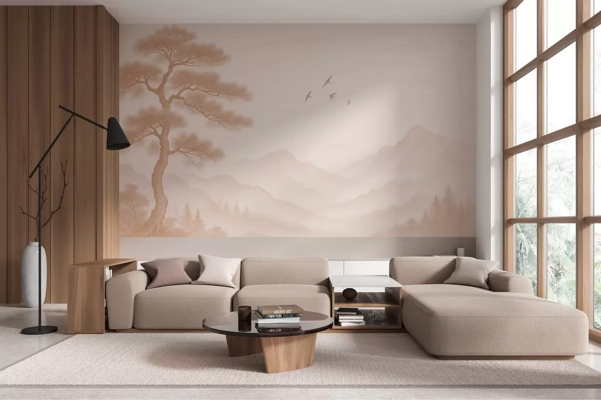 wall murals panorama of hills with a large tree in mocha shades w04033v1