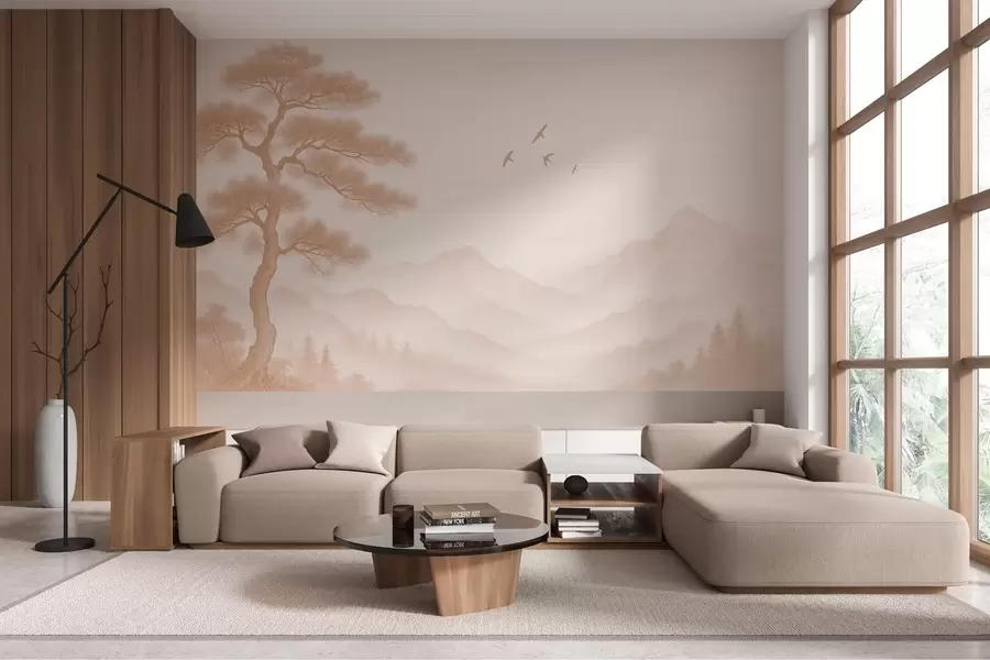 wall murals panorama of hills with a large tree in mocha shades w04033v1