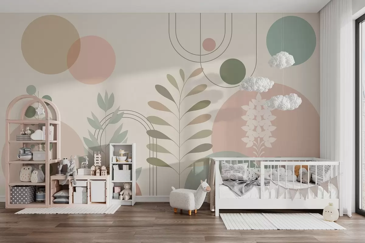 wall murals geometric abstraction with circles and stylized plants on a cream background w04070