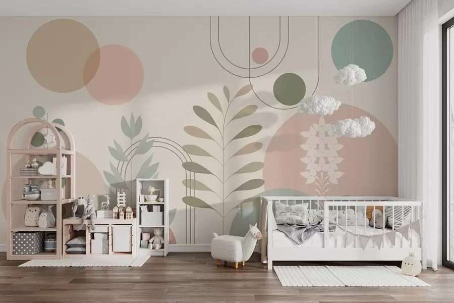 wall murals geometric abstraction with circles and stylized plants on a cream background w04070