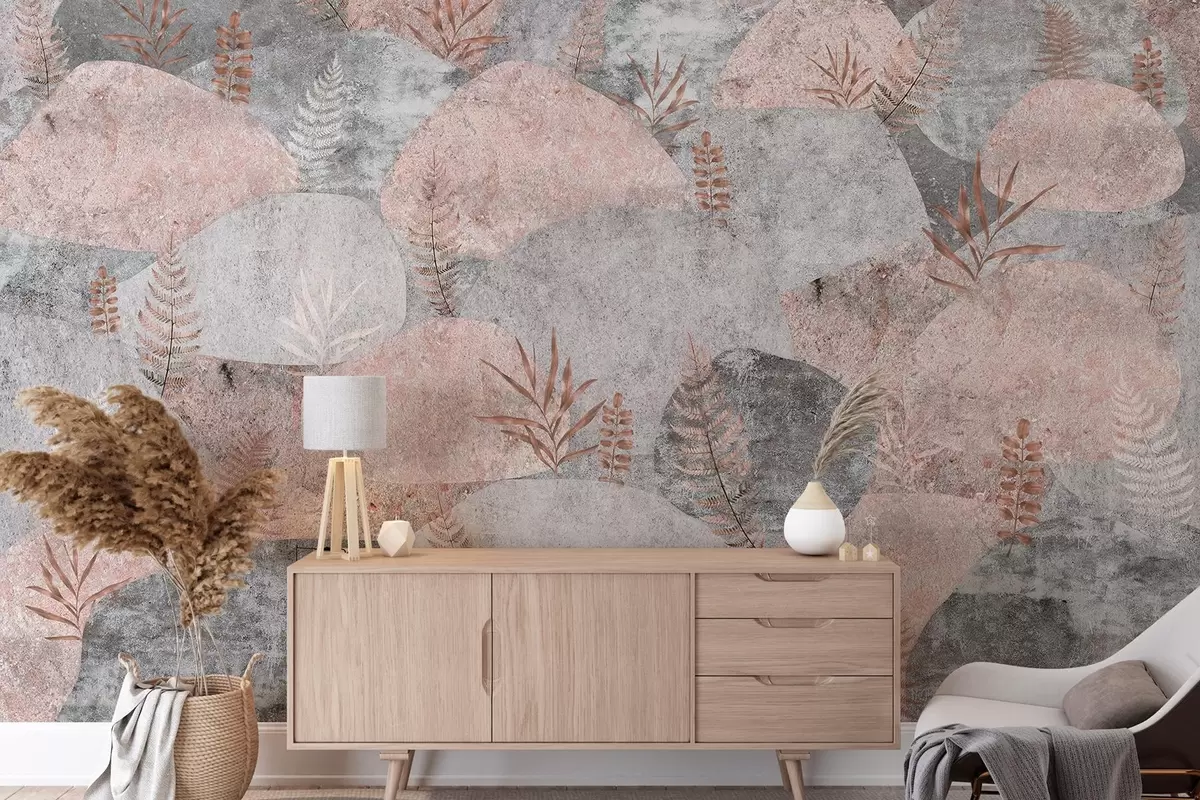 wall murals Stones with plants, fern, nordic, rustic style, grey and pink colors w04064v1