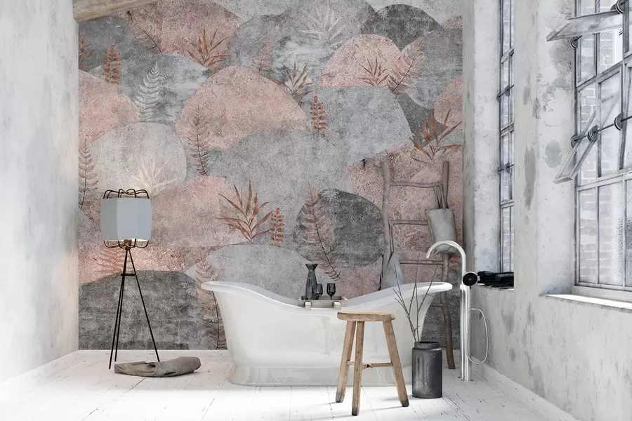 wall murals Stones with plants, fern, nordic, rustic style, grey and pink colors w04064v1