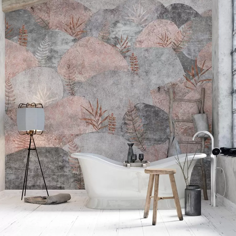 wall murals Stones with plants, fern, nordic, rustic style, grey and pink colors w04064v1