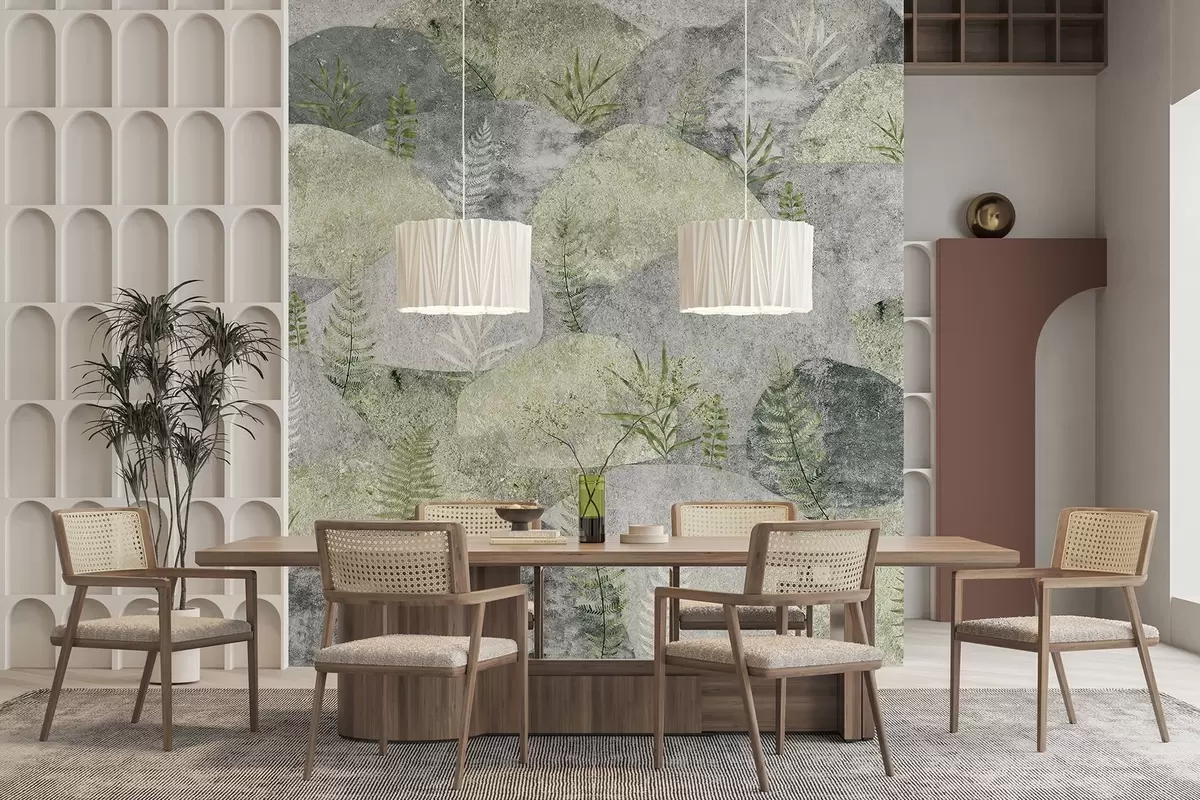 wall murals Stones with plants, fern, nordic, rustic style, grey and green colors w04064v2