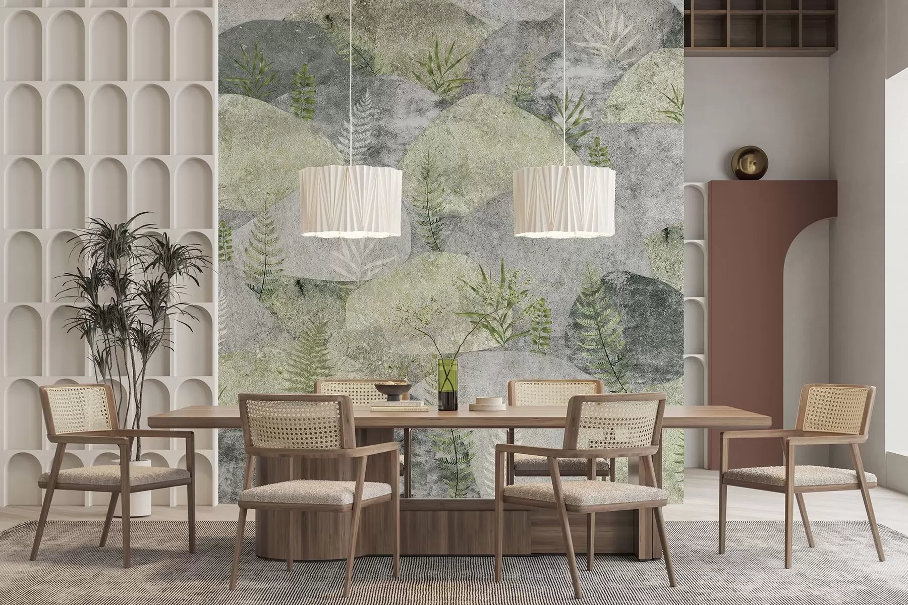 wall murals Stones with plants, fern, nordic, rustic style, grey and green colors w04064v2