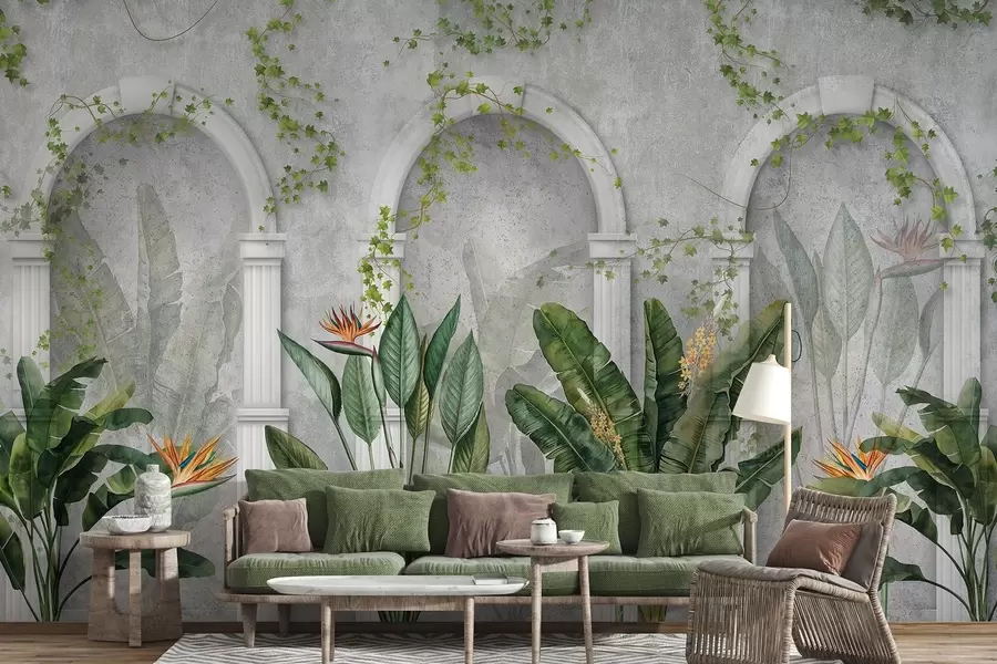 wall murals Concrete wall with arches and tropical plants, floral, natural colors w04065