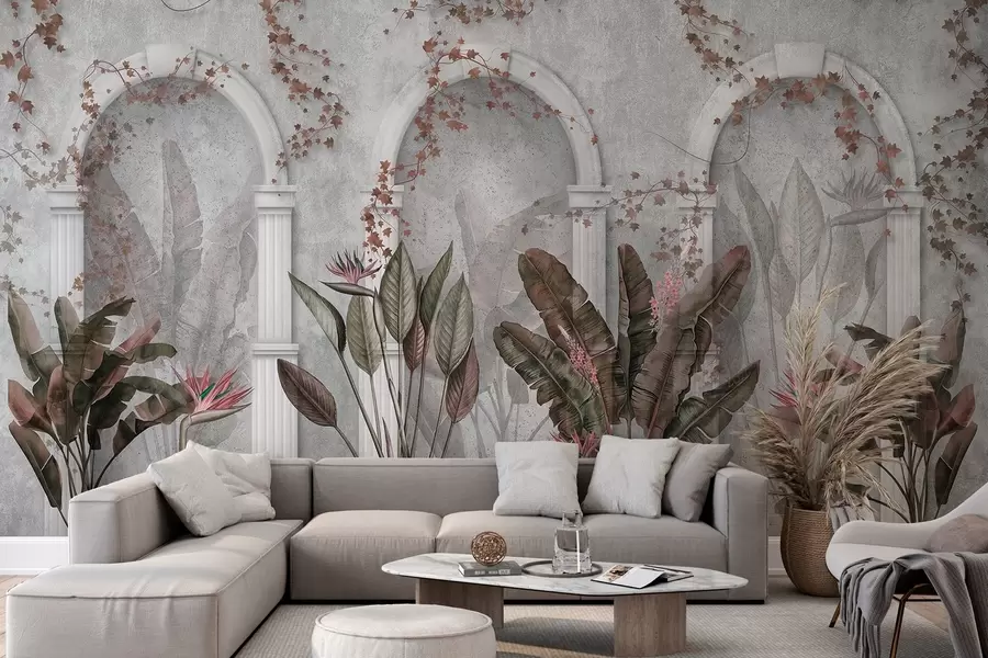 wall murals Concrete wall with arches and tropical plants, floral, burgundy colors w04065v1