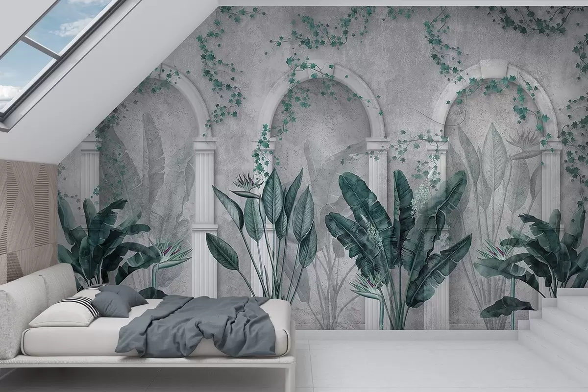 wall murals Concrete wall with arches and tropical plants, floral, blue colors w04065v2