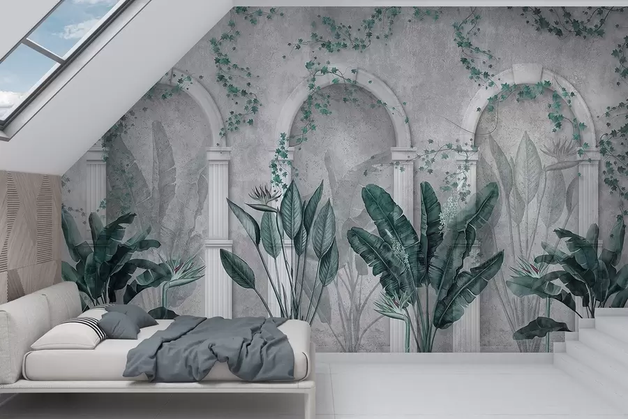 wall murals Concrete wall with arches and tropical plants, floral, blue colors w04065v2
