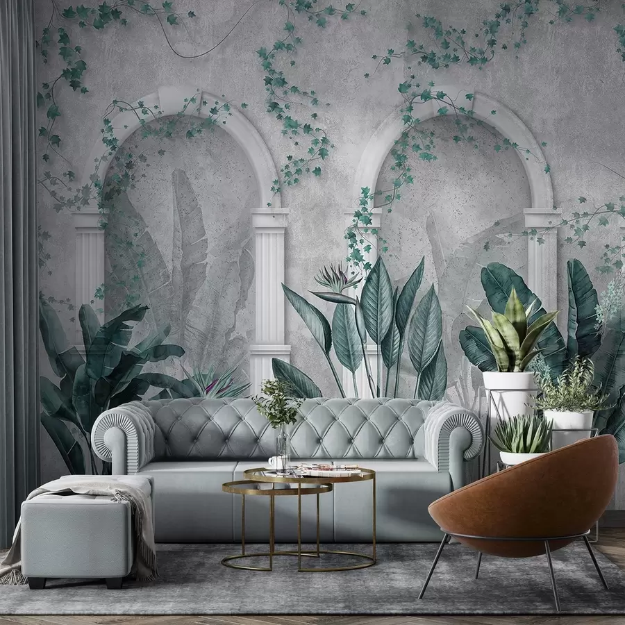 wall murals Concrete wall with arches and tropical plants, floral, blue colors w04065v2