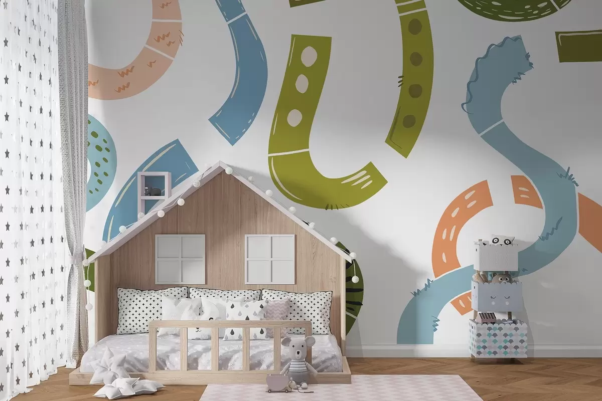 wall murals Abstract drawings, juvenile, doodles, green, blue, pink w04066v2