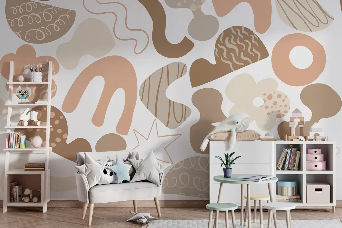 wall murals Geometric figures with doodles drawing, juvenile, beige color palette  w04068