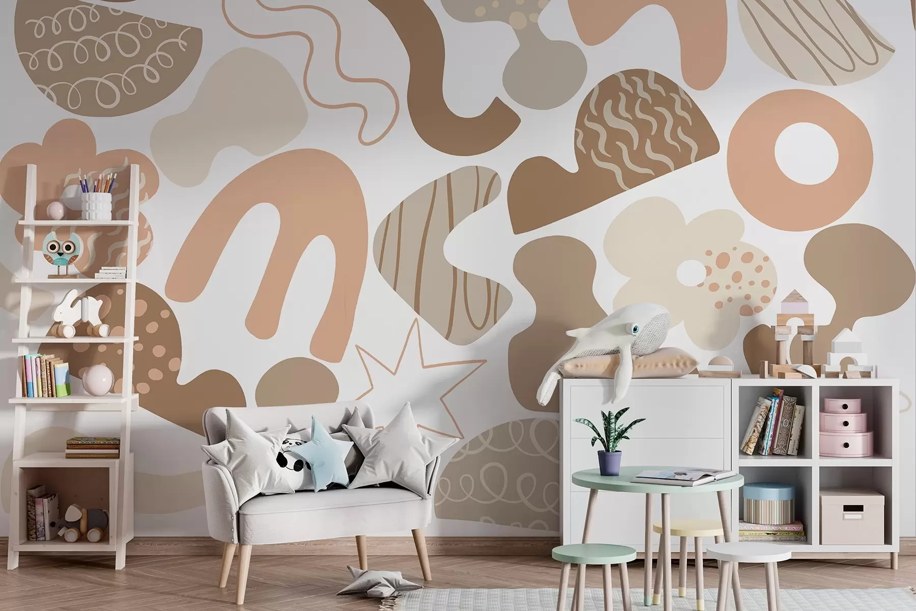 wall murals Geometric figures with doodles drawing, juvenile, beige color palette  w04068