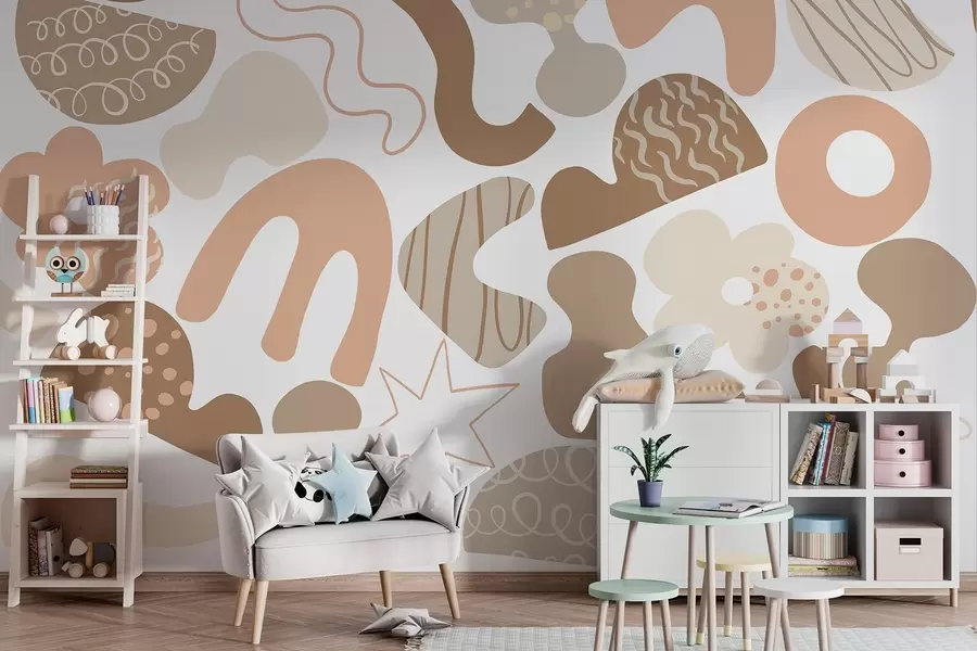 wall murals Geometric figures with doodles drawing, juvenile, beige color palette  w04068