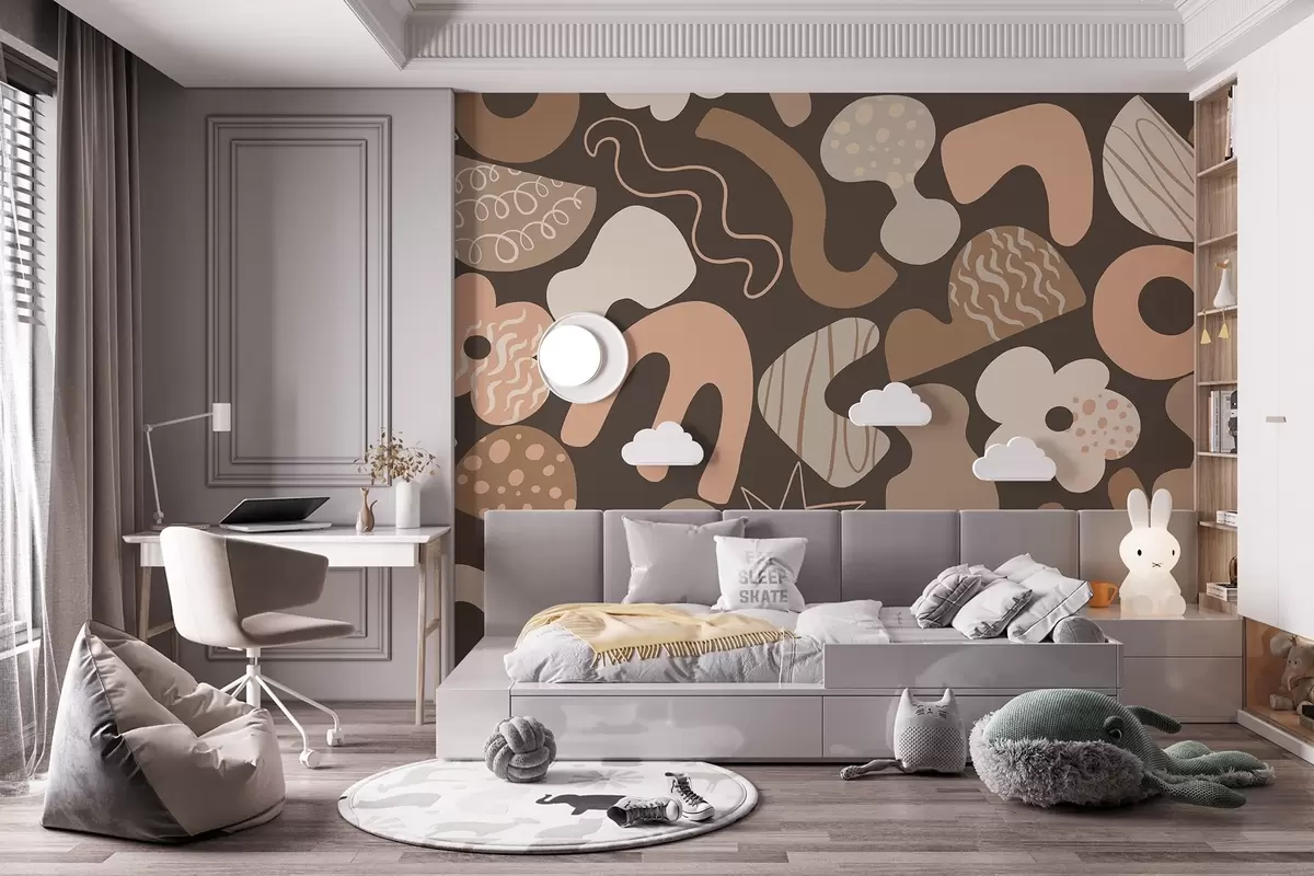 wall murals Geometric figures with doodles drawing, juvenile, dark beige background   w04068v1