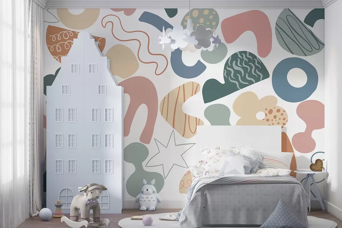 wall murals Geometric figures with doodles drawing, juvenile, green, pink, blue w04068v2
