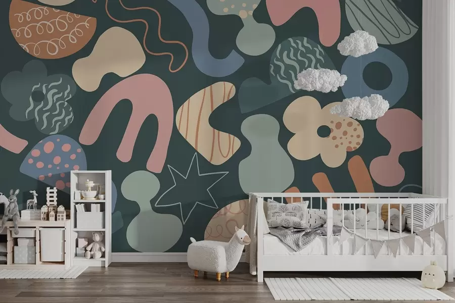 wall murals Geometric figures with doodles drawing, juvenile, dark green background   w04068v3