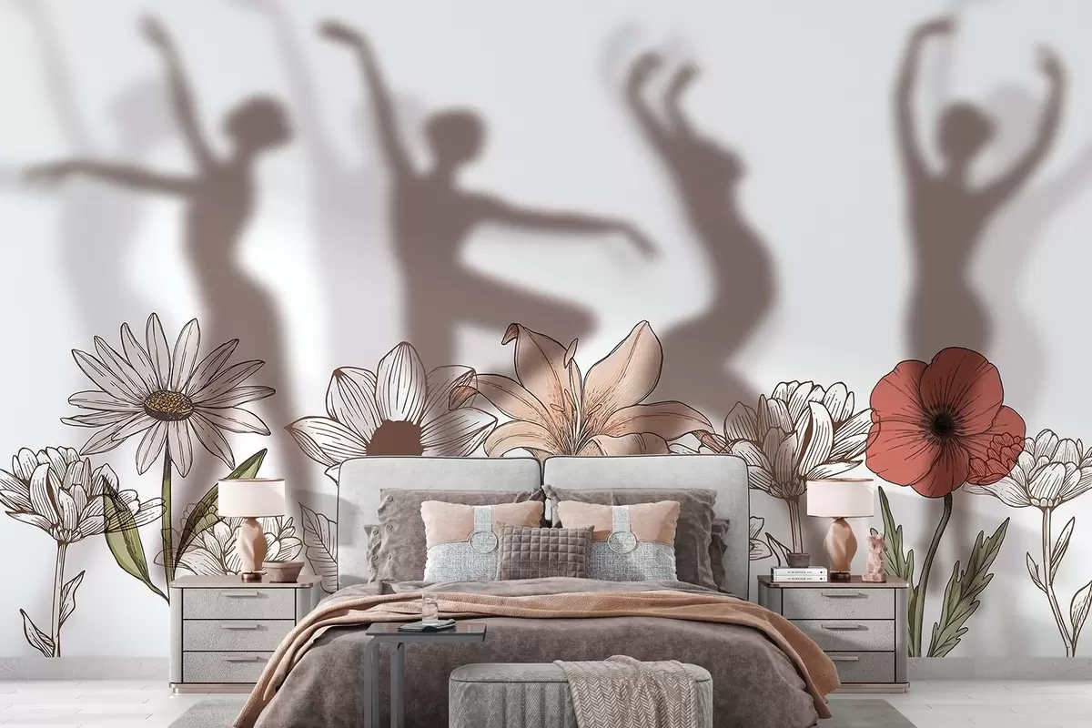 wall murals Ballerinas silhouettes, rustic flowers, line art, red and beige colors w04069