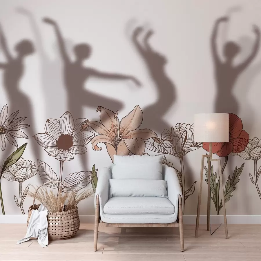 wall murals Ballerinas silhouettes, rustic flowers, line art, red and beige colors w04069