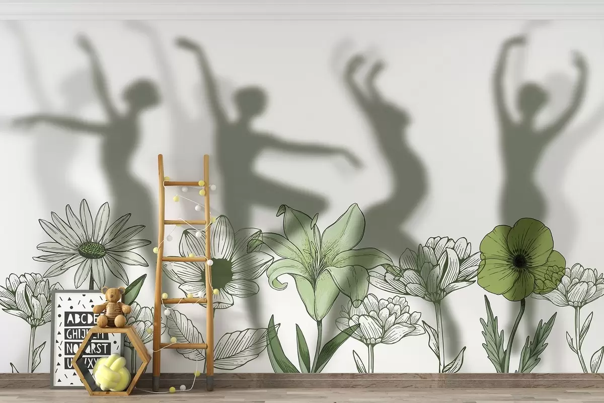 wall murals Ballerinas silhouettes, rustic flowers, line art, green colors w04069v1