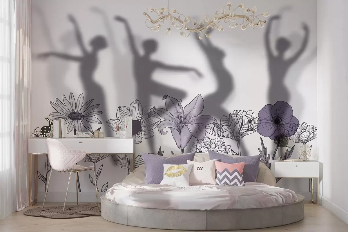 wall murals Ballerinas silhouettes, rustic flowers, line art, grey and purple colors w04069v2