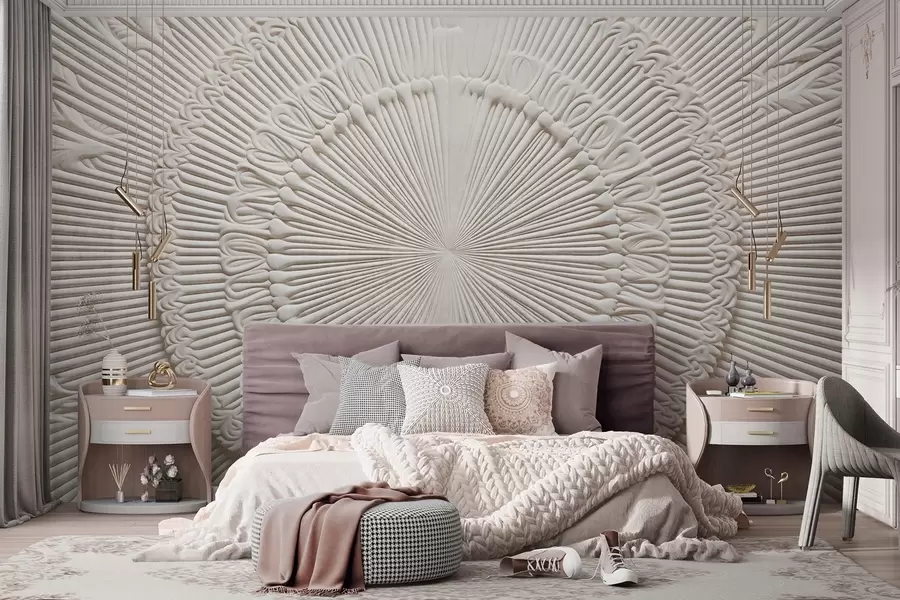 wall murals Abstract textured circular print with radial lines and decorative elements, symmetrical design, relief texture w09154