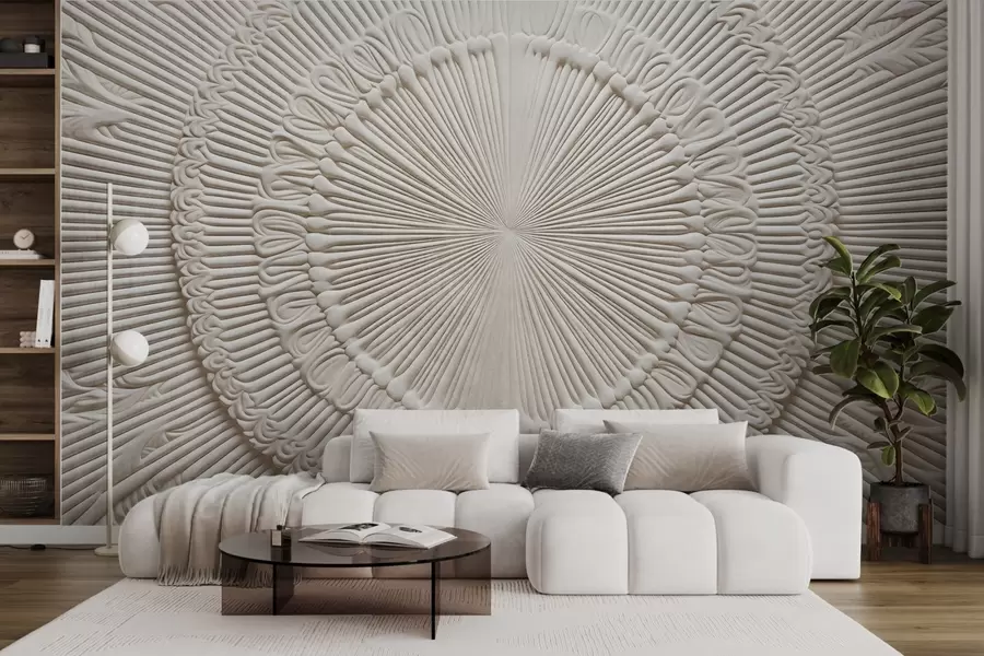 wall murals Abstract textured circular print with radial lines and decorative elements, symmetrical design, relief texture w09154