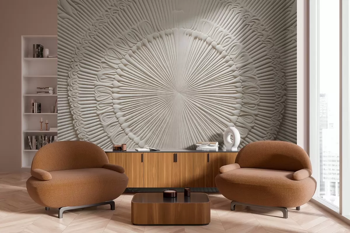 wall murals Abstract textured circular print with radial lines and decorative elements, symmetrical design, relief texture w09154