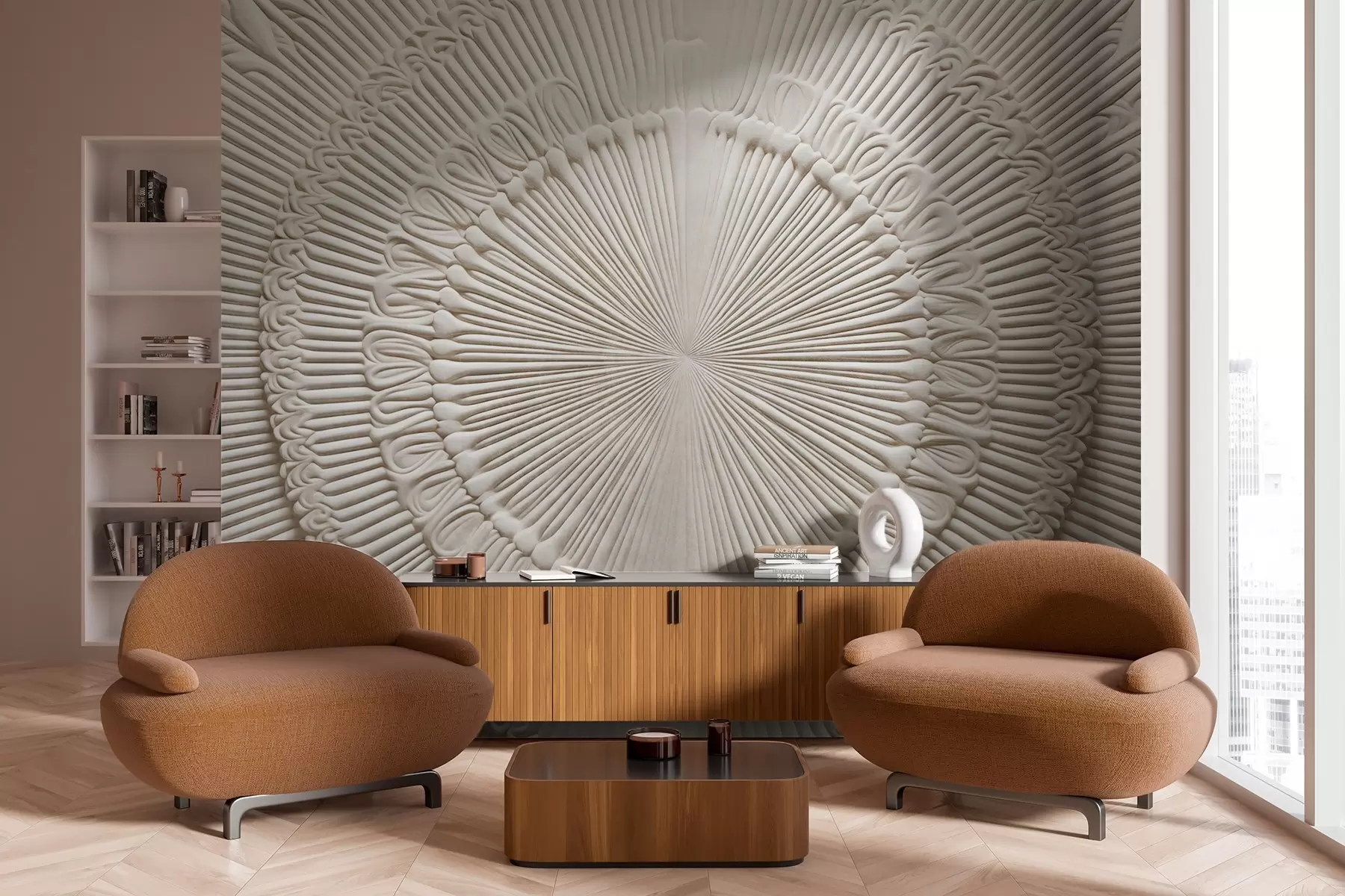 wall murals Abstract textured circular print with radial lines and decorative elements, symmetrical design, relief texture w09154