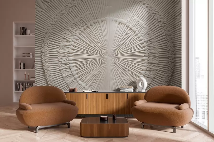 wall murals Abstract textured circular print with radial lines and decorative elements, symmetrical design, relief texture w09154