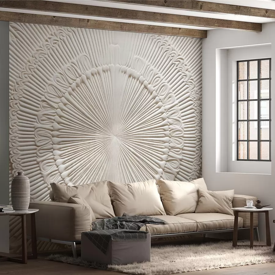 wall murals Abstract textured circular print with radial lines and decorative elements, symmetrical design, relief texture w09154