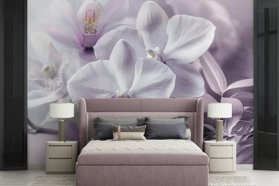 wall murals White and lilac delicate orchid flowers, soft lighting, and a blurred textured background  w09155